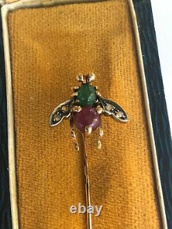 Antique INSECT Stick Pin Brooch Imperial Russian Faberge 14k Gold Ruby Diamond