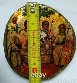 Antique Imperial Icon of Holy Trinity Old Testament Copper Wood Oil Paint Cross