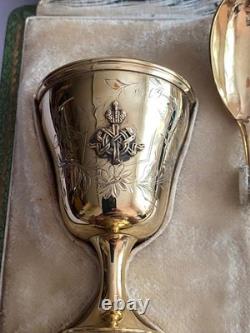 Antique Imperial R. Era Faberge Solid Silver 88 Gilded Spoon & Cup Set