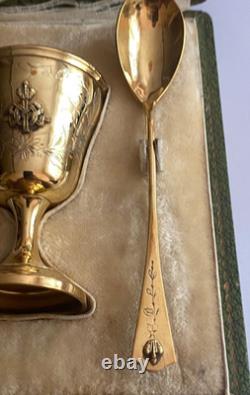 Antique Imperial R. Era Faberge Solid Silver 88 Gilded Spoon & Cup Set