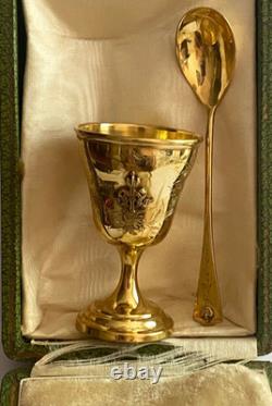Antique Imperial R. Era Faberge Solid Silver 88 Gilded Spoon & Cup Set