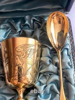 Antique Imperial R. Era Faberge Solid Silver 88 Gilded Spoon & Cup Set with Box