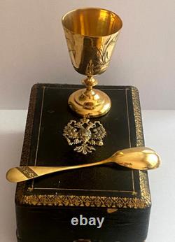 Antique Imperial R. Era Faberge Solid Silver 88 Gilded Spoon & Cup Set with Box