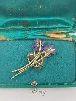 Antique Imperial Russian 14K Gold 56 Jade Amethyst Floral Ladies Brooch