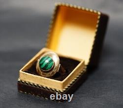 Antique Imperial Russian 56/14K Gold Ring Oval Pierced Crown Malachite Cabochon