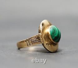 Antique Imperial Russian 56/14K Gold Ring Oval Pierced Crown Malachite Cabochon