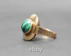 Antique Imperial Russian 56/14K Gold Ring Oval Pierced Crown Malachite Cabochon