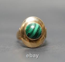 Antique Imperial Russian 56/14K Gold Ring Oval Pierced Crown Malachite Cabochon