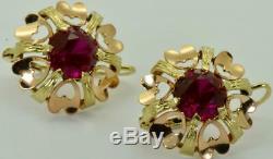 Antique Imperial Russian (56)14k gold&4ct Rubies Earrings set c1900's. Boxed