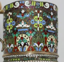 Antique Imperial Russian 84 Silver Cloisonne Enamel Glass Holder G. SEREBRNIKOV