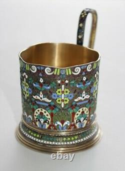 Antique Imperial Russian 84 Silver Cloisonne Enamel Glass Holder G. SEREBRNIKOV