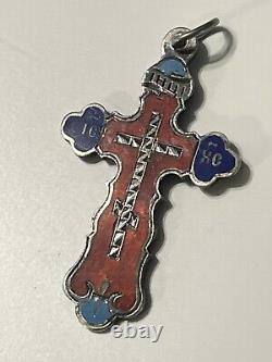 Antique Imperial Russian 84 Silver Enamel Orthodox Cross Pendant