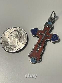 Antique Imperial Russian 84 Silver Enamel Orthodox Cross Pendant