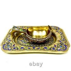 Antique Imperial Russian 84 Silver Enamel Tray and Kovsh
