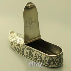 Antique Imperial Russian 84 Silver Men's Vesta Match Safe Case Niello Shoe 1851