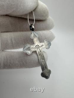 Antique Imperial Russian 84 Silver Orthodox Cross Pendant c. 1850, 3.7g