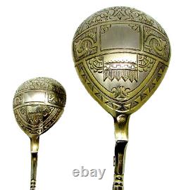 Antique Imperial Russian 84 Silver Serving Spoons c 1880 Engraved Gold Wash
