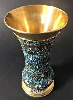 Antique Imperial Russian 88 Enameled Gilded Silver Vase (6th Artel)