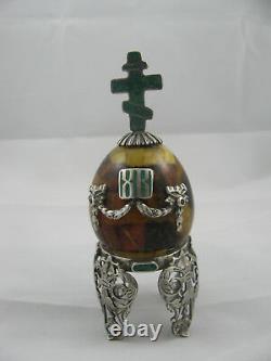 Antique Imperial Russian Amber Easter Egg Silver Malachite