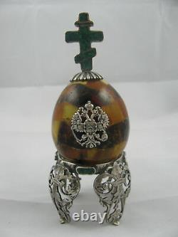 Antique Imperial Russian Amber Easter Egg Silver Malachite