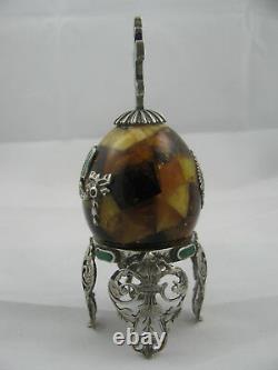 Antique Imperial Russian Amber Easter Egg Silver Malachite