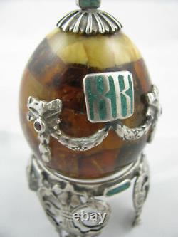 Antique Imperial Russian Amber Easter Egg Silver Malachite