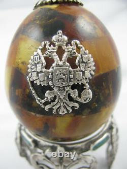 Antique Imperial Russian Amber Easter Egg Silver Malachite