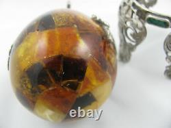 Antique Imperial Russian Amber Easter Egg Silver Malachite