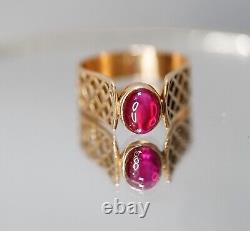 Antique Imperial Russian Art Nouveau 14k Gold Ring Ruby Cabochon Pierced Shank
