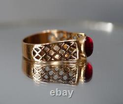 Antique Imperial Russian Art Nouveau 14k Gold Ring Ruby Cabochon Pierced Shank