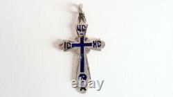 Antique Imperial Russian Blue Enamel Sterling Silver 84 Christian Cross Stamped