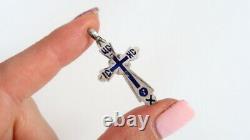 Antique Imperial Russian Blue Enamel Sterling Silver 84 Christian Cross Stamped