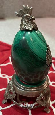 Antique Imperial Russian Enamel Hallmarks 84 Silver Malachite Egg Set with Stand