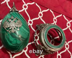 Antique Imperial Russian Enamel Hallmarks 84 Silver Malachite Egg Set with Stand