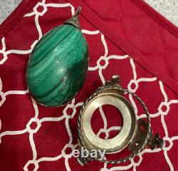 Antique Imperial Russian Enamel Hallmarks 84 Silver Malachite Egg Set with Stand