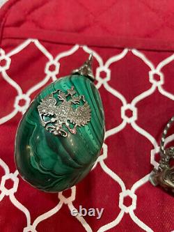 Antique Imperial Russian Enamel Hallmarks 84 Silver Malachite Egg Set with Stand