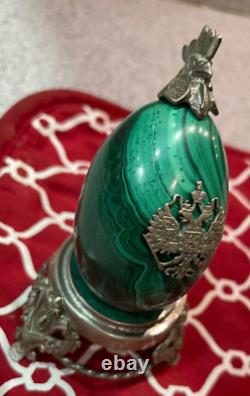 Antique Imperial Russian Enamel Hallmarks 84 Silver Malachite Egg Set with Stand