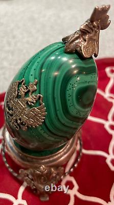 Antique Imperial Russian Enamel Hallmarks 84 Silver Malachite Egg Set with Stand