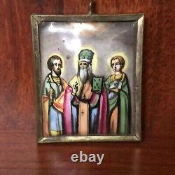Antique Imperial Russian Enamel on Copper Hand Painted Icon of Tree Saints