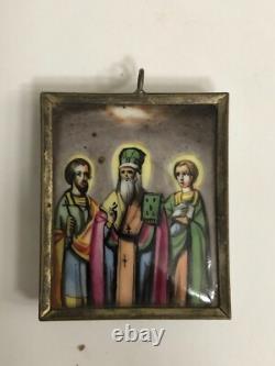 Antique Imperial Russian Enamel on Copper Hand Painted Icon of Tree Saints