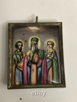 Antique Imperial Russian Enamel on Copper Hand Painted Icon of Tree Saints