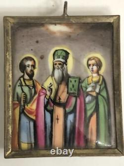 Antique Imperial Russian Enamel on Copper Hand Painted Icon of Tree Saints