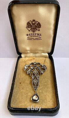 Antique Imperial Russian Faberge 14k 56 Gold Natural Diamond Pendant Necklace KF