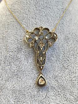 Antique Imperial Russian Faberge 14k 56 Gold Natural Diamond Pendant Necklace KF