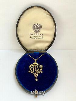 Antique Imperial Russian Faberge 14k/56 Gold Natural Diamonds Pendant Necklace