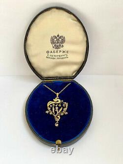 Antique Imperial Russian Faberge 14k/56 Gold Natural Diamonds Pendant Necklace