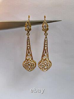 Antique Imperial Russian Faberge 18k 72? Gold Natural Diamond Stone Earrings y