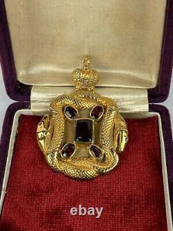 Antique Imperial Russian Faberge 84 Silver Gold Pl Garnets Snake & Crown Pendant