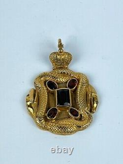 Antique Imperial Russian Faberge 84 Silver Gold Pl Garnets Snake & Crown Pendant