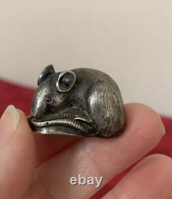 Antique Imperial Russian Faberge 88 Silver Ruby Eye Mouse On Nutshell Figurine